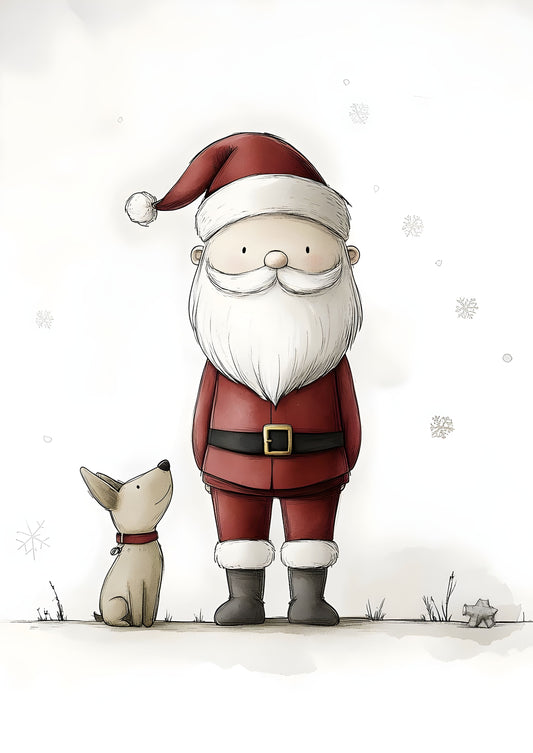 Cute Santa Claus and Dog Canvas Art Print - Christmas Minimalist Santa Decor for Kids