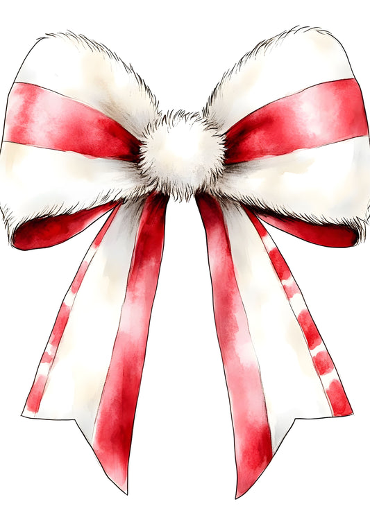 Christmas Bow Art Print – Festive Candy Cane Red and White Ribbon Wall Art | Holiday Canvas or Framed Gift Decor