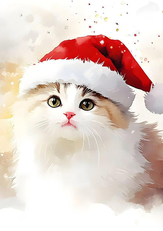 Christmas Cat Canvas Print – Fluffy Kitten with Santa Hat | Festive Holiday Wall Art for Cat Lovers