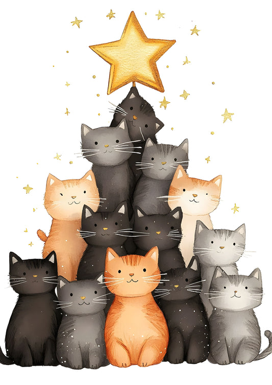 Christmas Cat Tree Canvas Print | Festive Feline Holiday Wall Art | Whimsical Cat Stack with Star Topper