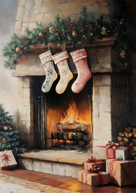 Christmas Fireplace with Stockings Art Print