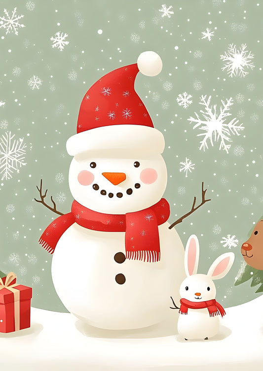 Christmas Snowman & Bunny Winter Scene Art Print – Festive Holiday Canvas with Snowflakes and Gift