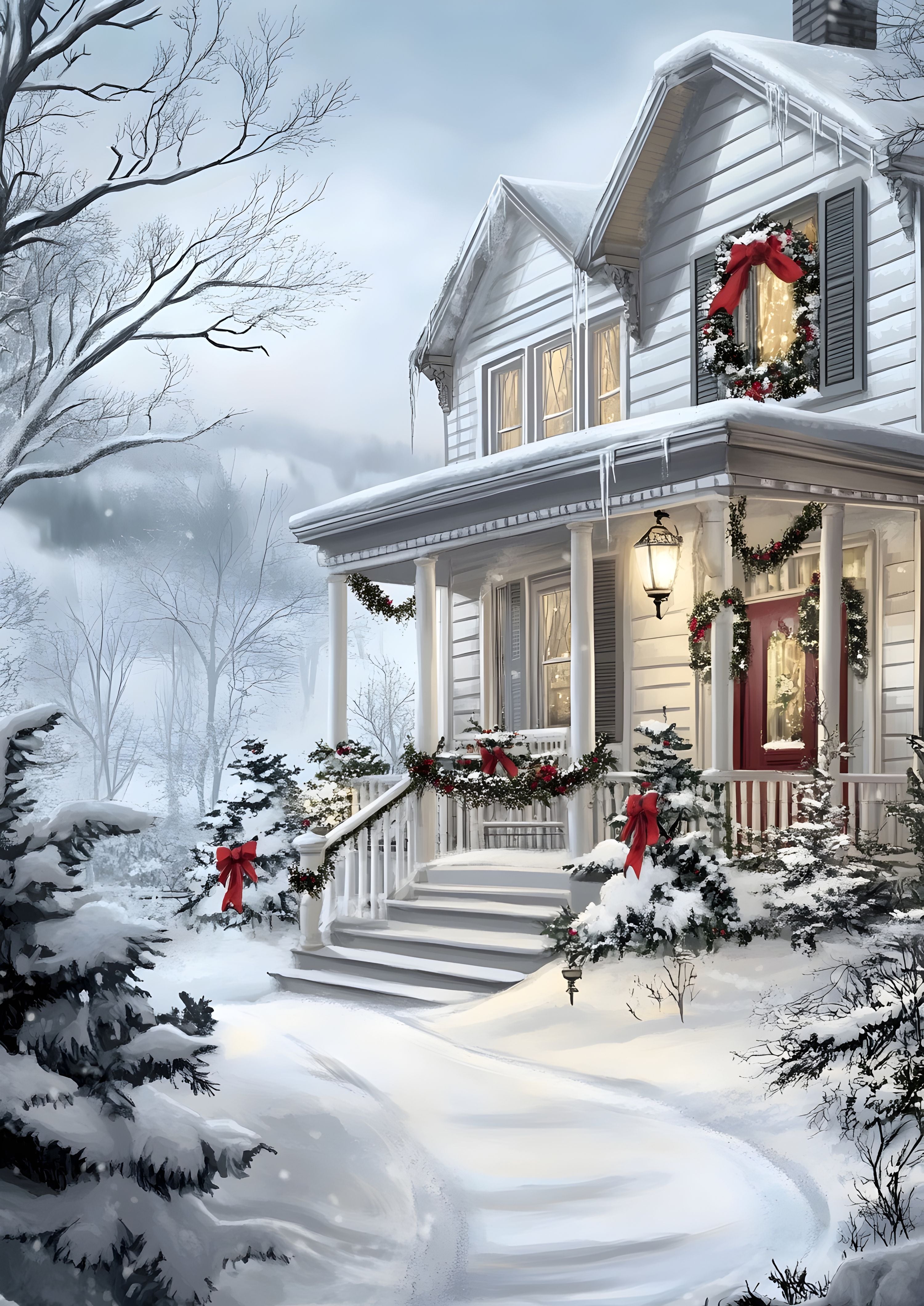 Snowy day cozy home offers arcylic painting