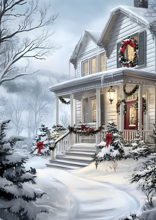 Cozy Winter Wonderland Art Print - Snowy Victorian House Canvas