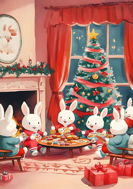 Festive Bunny Family Canvas Art - Christmas Tree Scene with Bunnies and Presents