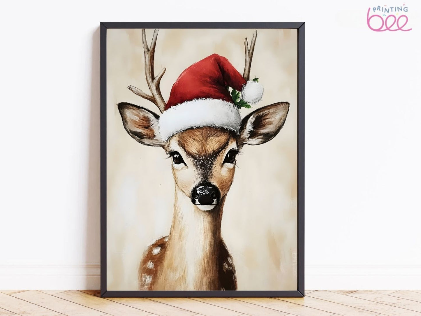 Festive Deer in Santa Hat Christmas Canvas Print – Whimsical Holiday Decor