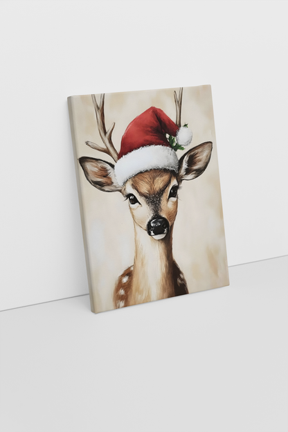 Festive Deer in Santa Hat Christmas Canvas Print – Whimsical Holiday Decor