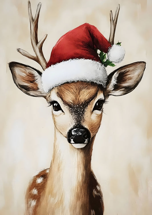 Festive Deer in Santa Hat Christmas Canvas Print – Whimsical Holiday Decor