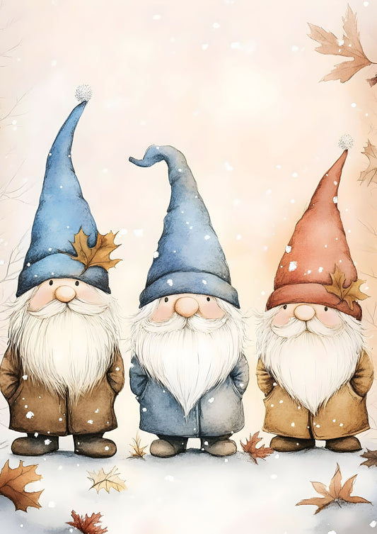 Festive Gnomes Trio Art Print – Adorable Scandinavian Christmas Canvas for Holiday Decor