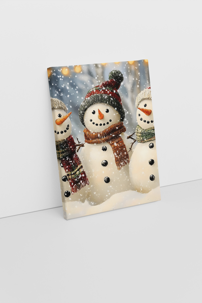 Festive Snowman Family Canvas Print - Winter Christmas Art for Holiday Decor