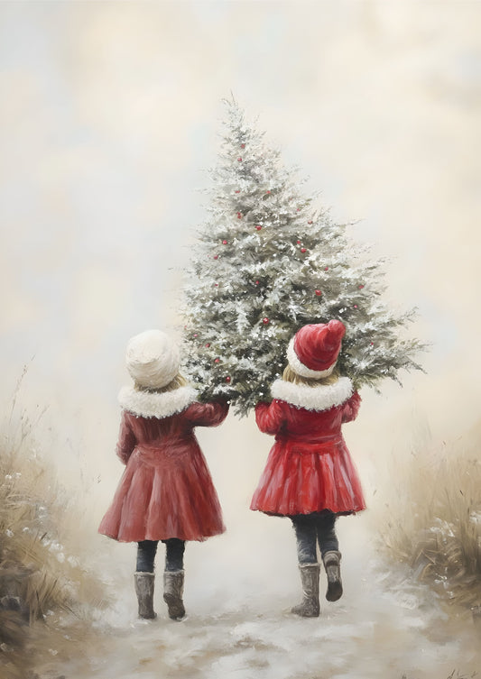 Christmas Tree Canvas Art - Children Carrying Snow-Covered Tree Holiday Wall Decor