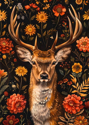 Majestic Deer with Floral Background – Nature-Inspired Art Print on Canvas or Fine Art Paper