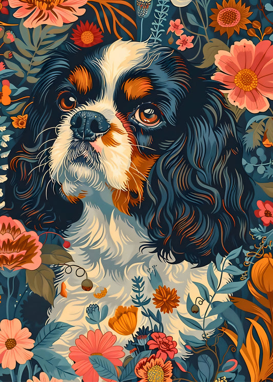 William Morris Cavalier King Charles Spaniel Motif – Floral Art Print on Canvas and Paper