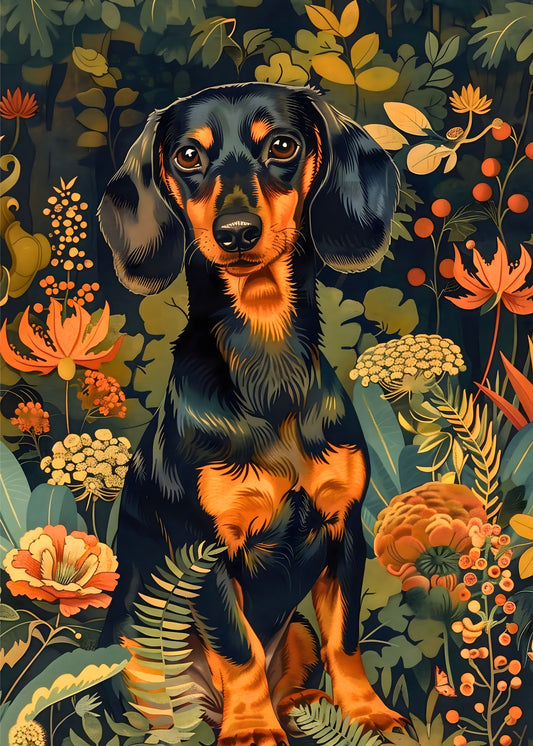 William Morris Dachshund Motif – Whimsical Floral Art Print on Canvas and Paper