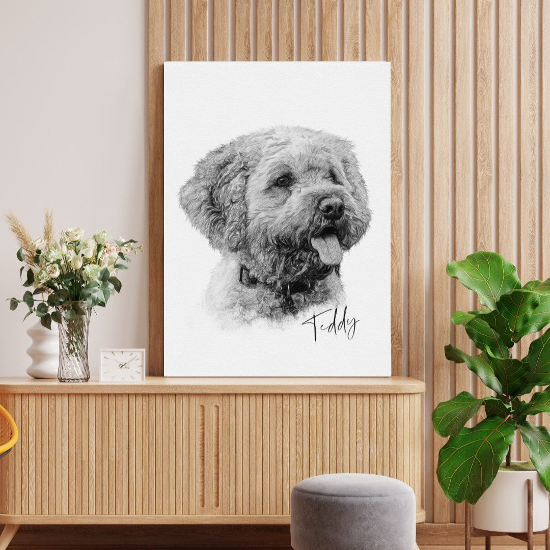 Sketch Style Pet Portrait on Canvas | Black & White Pencil Style Drawing | Personalised Dog Sketch