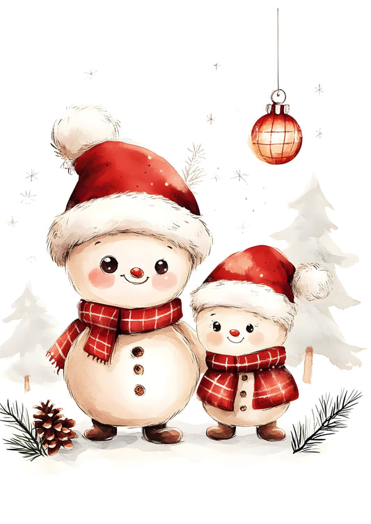 Adorable Snowman Family Christmas Art Print – Cute Winter Decor for Kids’ Room & Festive Holiday Home Decoration