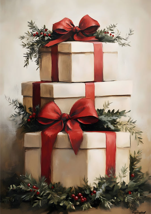 Festive Holiday Gift Boxes Canvas Art - Christmas Wrapped Gifts with Red Bows Decor