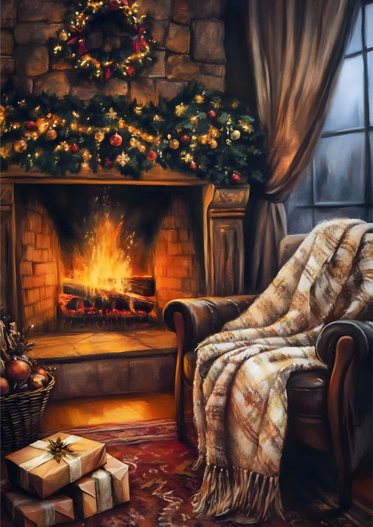 Christmas Fireplace Scene Canvas Art - Cozy Fireplace with Hanging Stockings Decor