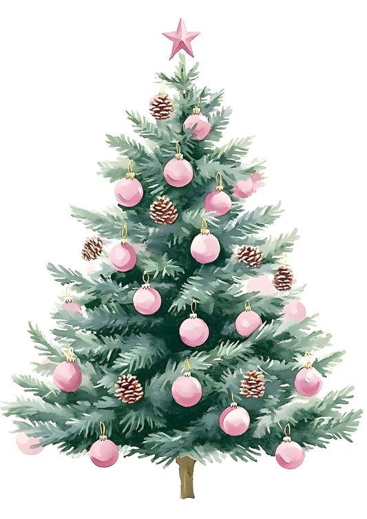 Christmas Tree with Pink Ornaments Art Print – Festive Holiday Canvas Wall Décor