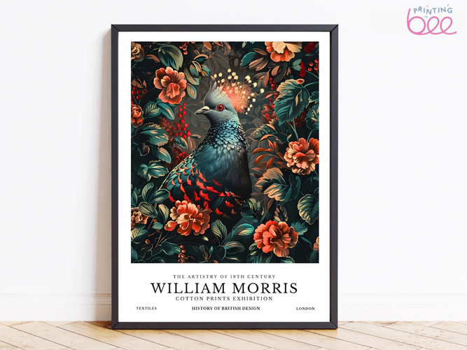 William Morris Vibrant Peacock Portrait with Floral Accents – Canvas & Fine Art Print