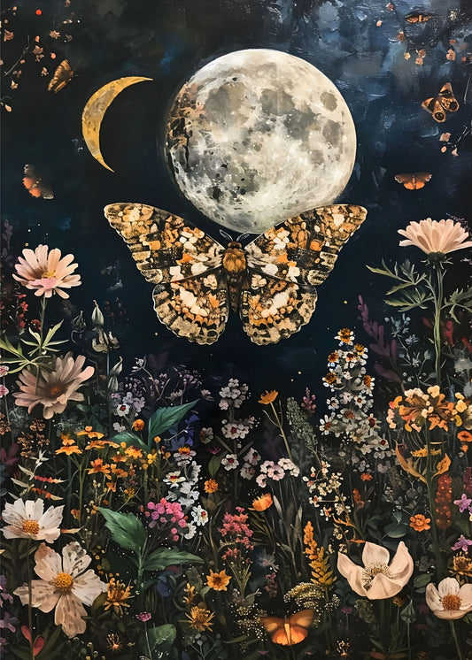 William Morris Moonlit Moth Motif – Mystical Night Garden Art Print on Canvas and Paper