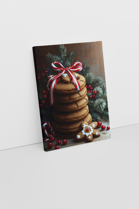 Christmas Gingerbread Cookie Stack Wall Art – Festive Holiday Canvas Print with Pine and Candy Cane Accents